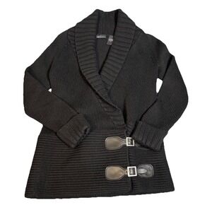 Moda International‎ Sweater Womens Black Small Wool Wrap Shawl Collar Buckle Y2K